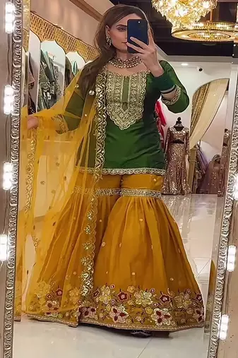 Dark green & mustard yellow sharara set