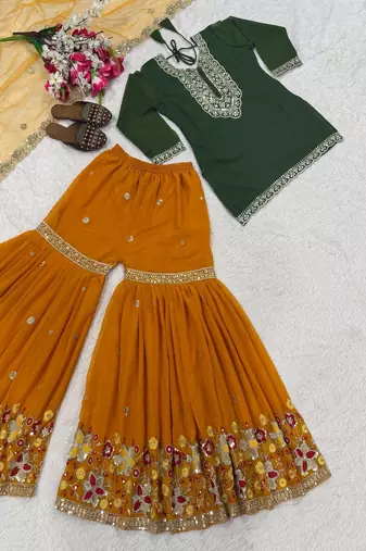 Dark green & mustard yellow sharara set