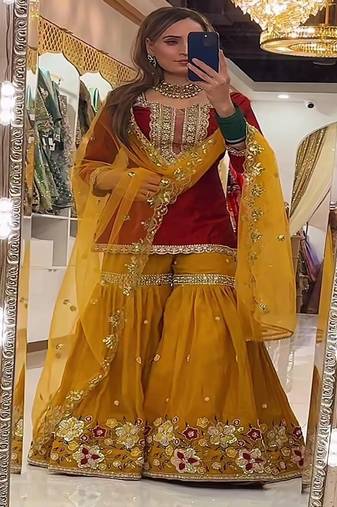 Dark red & mustard yellow sharara set