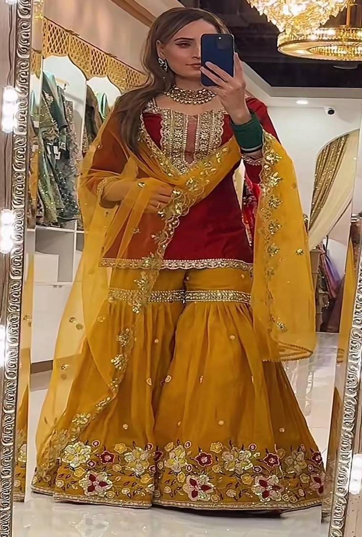 Dark red & mustard yellow sharara set