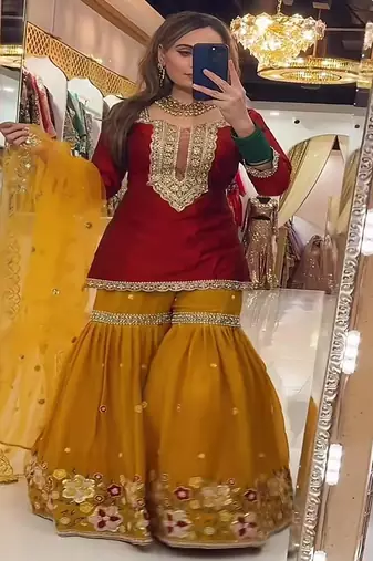 Dark red & mustard yellow sharara set