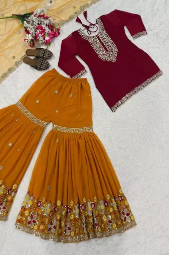 Dark red & mustard yellow sharara set