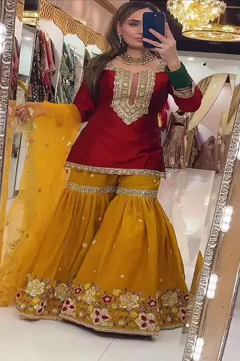 Dark red & mustard yellow sharara set
