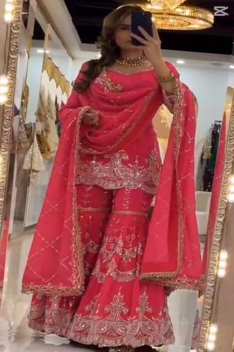 Hot pink scalloped sharara set