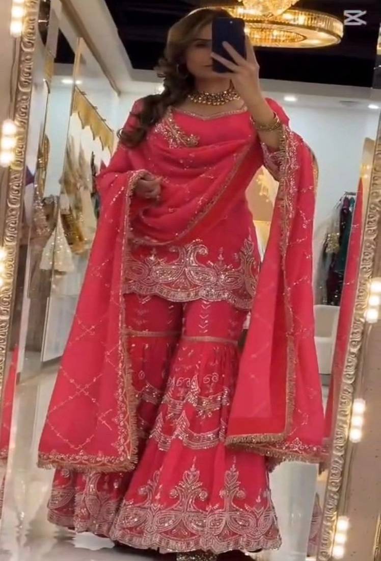 Hot pink scalloped sharara set