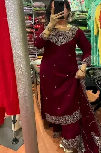 Dark wine silk blend straight kurta with silver accents
