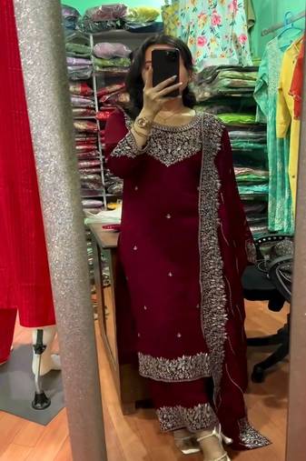 Dark wine silk blend straight kurta with silver accents