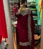 Dark wine silk blend straight kurta with silver accents