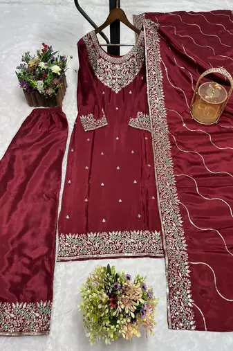 Dark wine silk blend straight kurta with silver accents