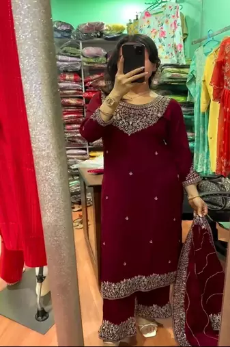 Dark wine silk blend straight kurta with silver accents