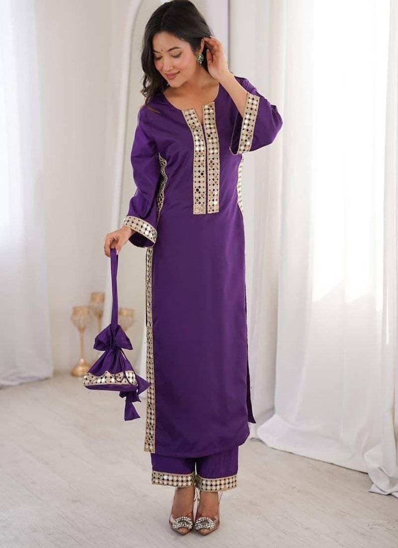 Dark violate mirror-work kurta ensemble