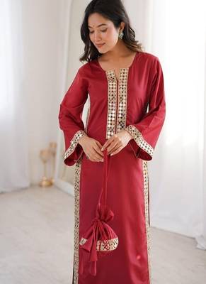 Dark-red mirror-work kurta ensemble 1