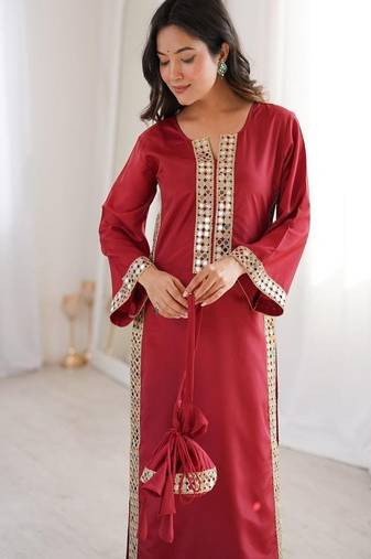 Dark-red mirror-work kurta ensemble