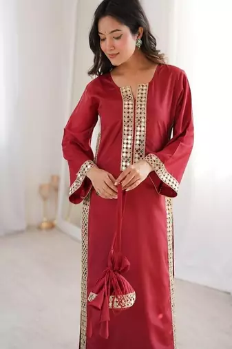 Dark-red mirror-work kurta ensemble