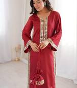 Dark-red mirror-work kurta ensemble