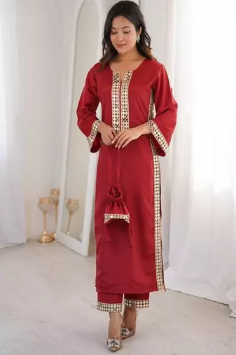 Dark-red mirror-work kurta ensemble