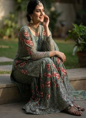 Sea green embroidered sharara suit 2