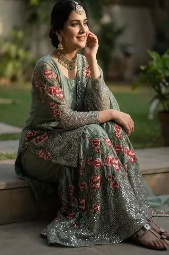 Sea green embroidered sharara suit