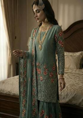 Sea green embroidered sharara suit 3