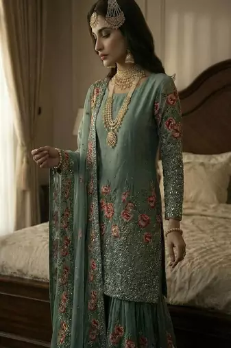 Sea green embroidered sharara suit
