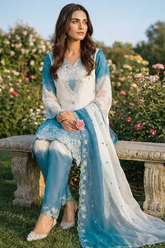 Aqua blue embroidered salwar suit