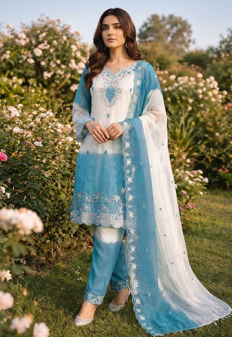 Aqua blue embroidered salwar suit