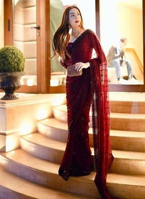 Maroon georgette sequins work saree with matching unstitched georgette blouse     premium party & festive wear 1
