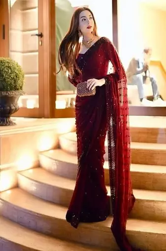 Maroon georgette sequins work saree with matching unstitched georgette blouse – premium party & festive wear