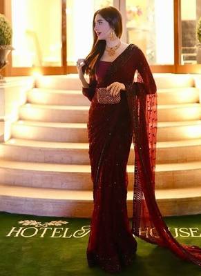 Maroon georgette sequins work saree with matching unstitched georgette blouse     premium party & festive wear 2