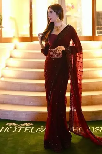 Maroon georgette sequins work saree with matching unstitched georgette blouse – premium party & festive wear