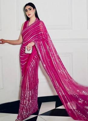 Pink georgette saree with sequins, thread & dori work paired with unstitched japan satin blouse 2