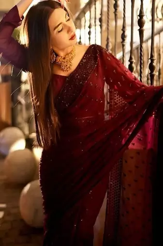 Maroon georgette sequins work saree with matching unstitched georgette blouse – premium party & festive wear
