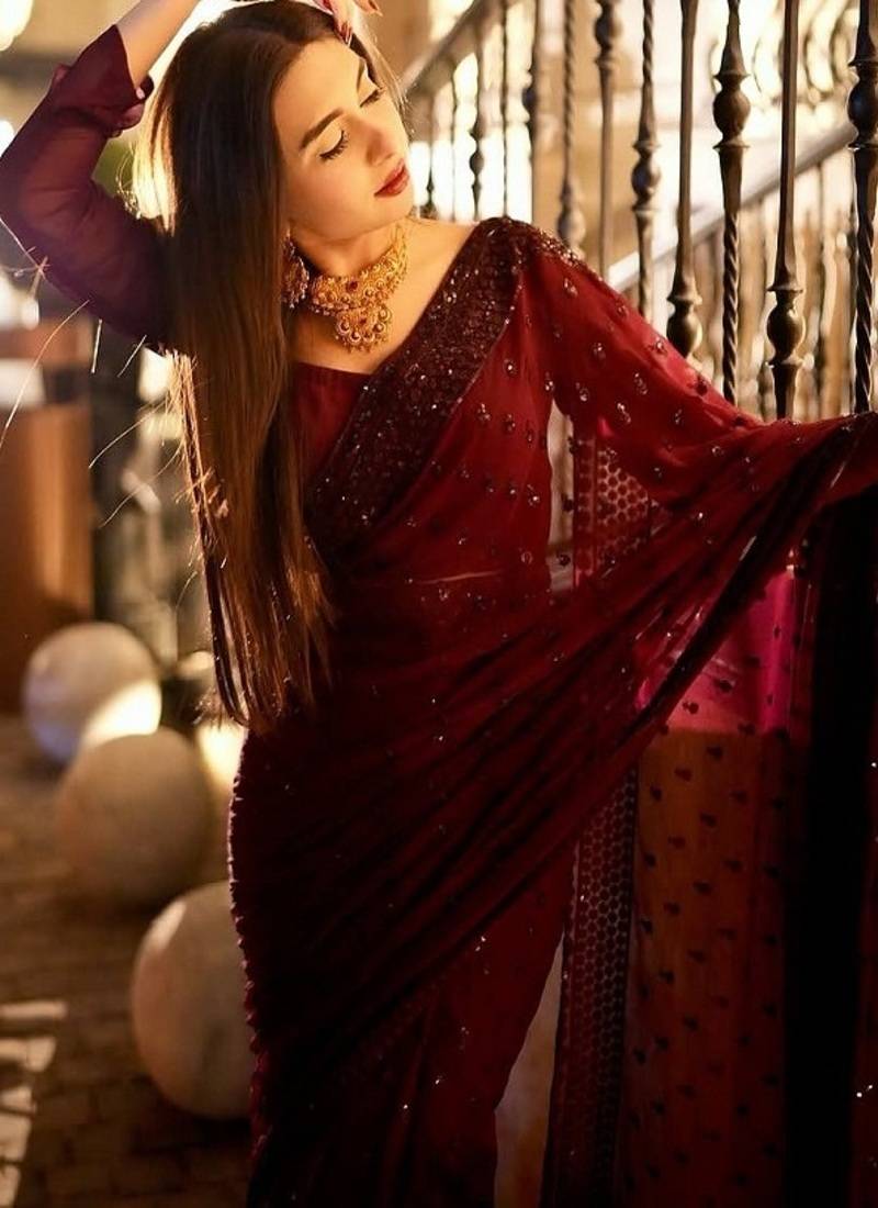 Maroon georgette sequins work saree with matching unstitched georgette blouse – premium party & festive wear