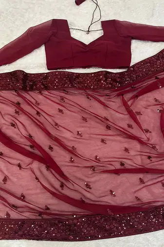 Maroon georgette sequins work saree with matching unstitched georgette blouse – premium party & festive wear