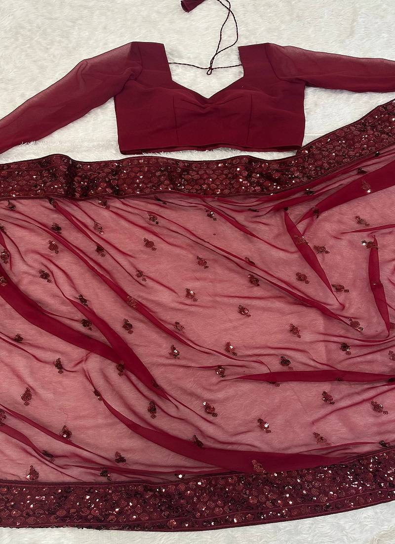 Maroon georgette sequins work saree with matching unstitched georgette blouse – premium party & festive wear