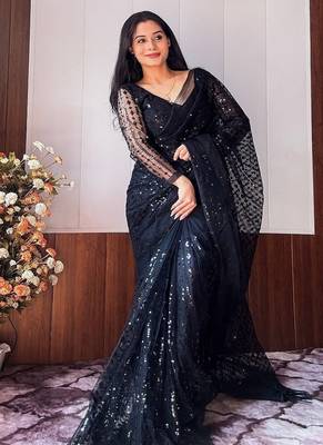 Black color net fabric heavy sequence work saree 1