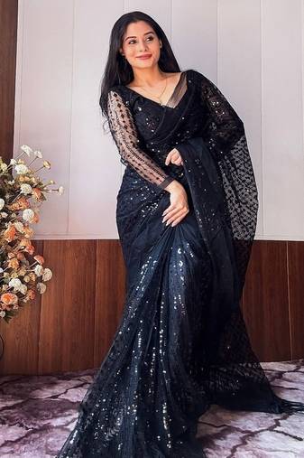 Black color net fabric heavy sequence work saree