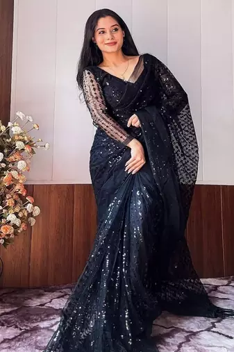 Black color net fabric heavy sequence work saree