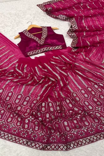 Pink georgette saree with sequins, thread & dori work paired with unstitched japan satin blouse