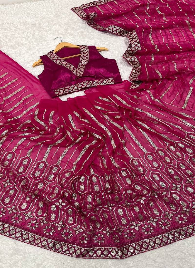 Pink georgette saree with sequins, thread & dori work paired with unstitched japan satin blouse