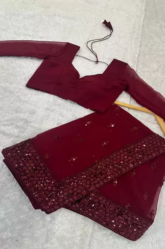 Maroon georgette sequins work saree with matching unstitched georgette blouse – premium party & festive wear