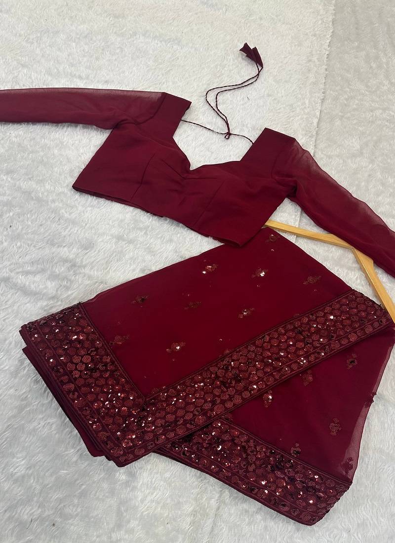 Maroon georgette sequins work saree with matching unstitched georgette blouse – premium party & festive wear