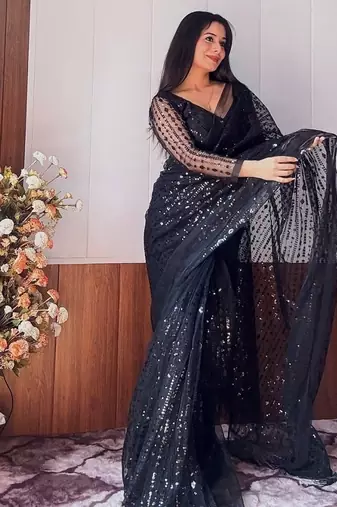 Black color net fabric heavy sequence work saree