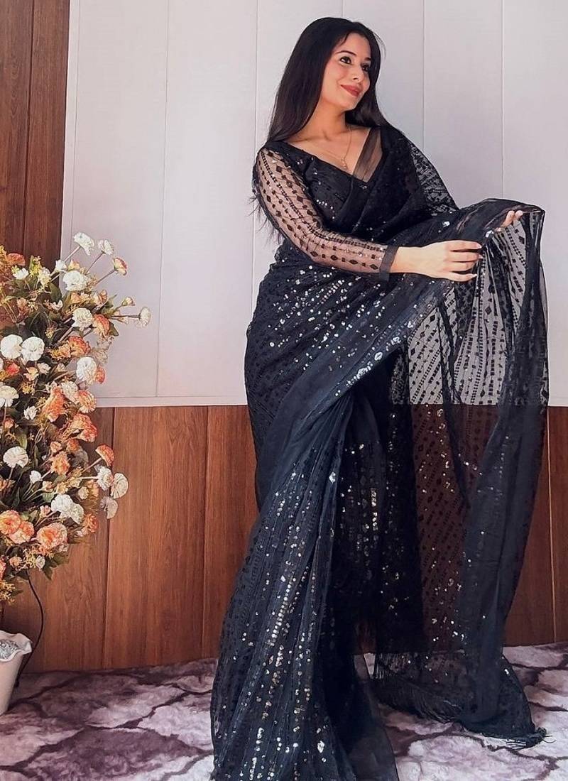 Black color net fabric heavy sequence work saree