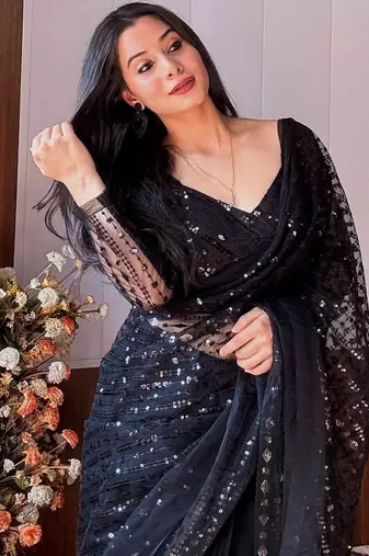 Black color net fabric heavy sequence work saree