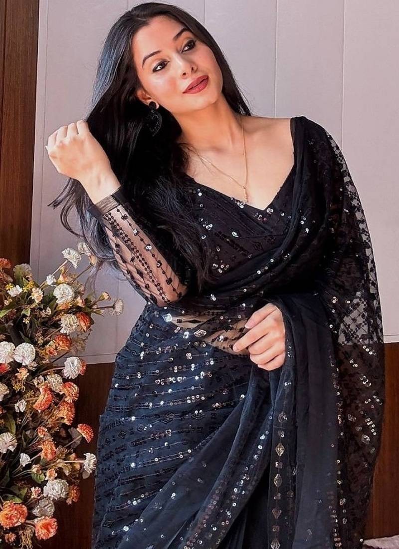 Black color net fabric heavy sequence work saree