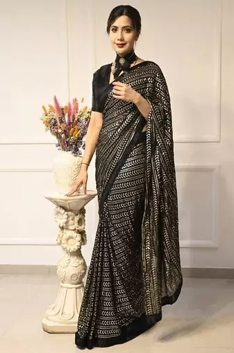 Black elegant georgette sequin work saree with banglori satin blouse