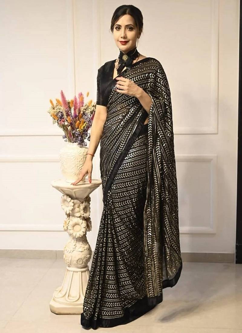 Black elegant georgette sequin work saree with banglori satin blouse