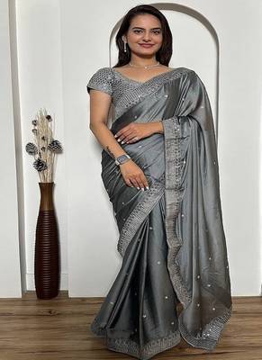 Gray exclusive designer rangoli silk saree with sequins & stone work 1