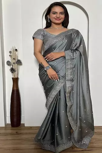 Gray exclusive designer rangoli silk saree with sequins & stone work